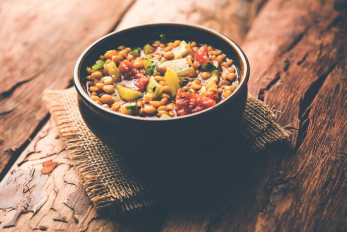 Bowl of curry lentils and vegetables