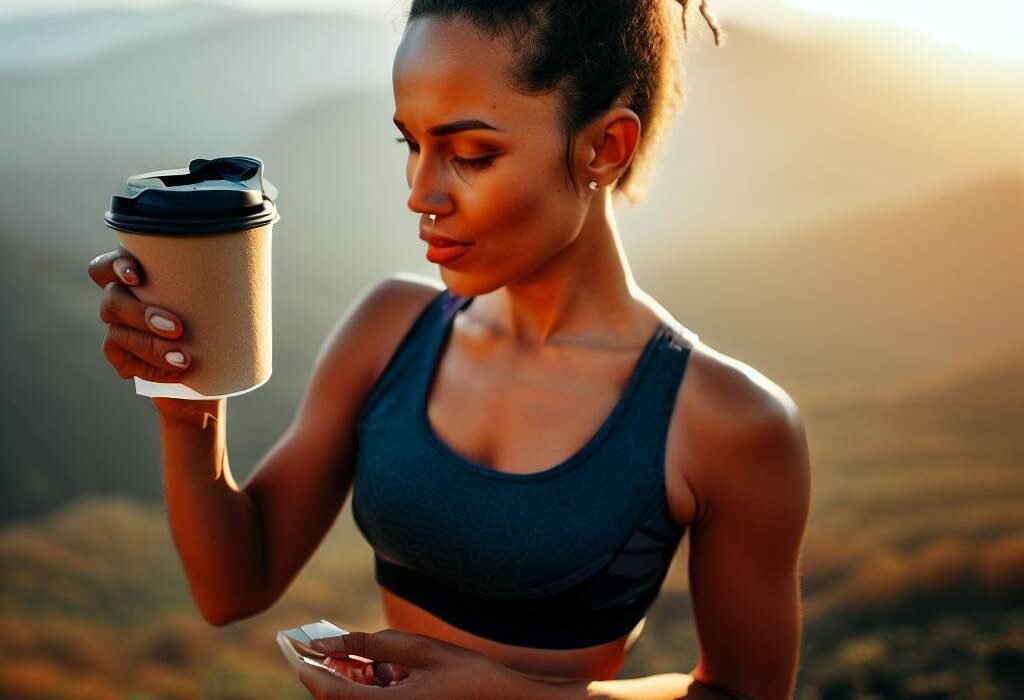 woman drinking coffee after her workout
