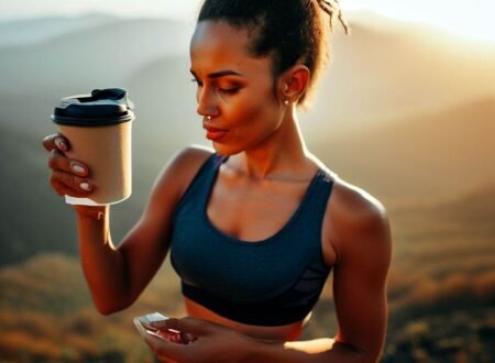 woman drinking coffee after her workout