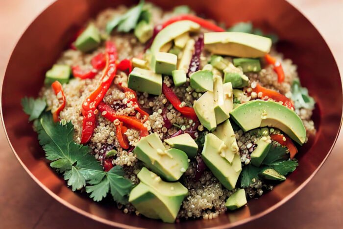 Bowl of quinoa, avocado and healthy veggies