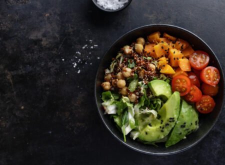 A healthy bowl of vegetables with avocado and quinoa