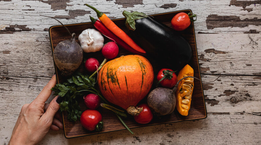 A tray filled with an assortment of vegetables