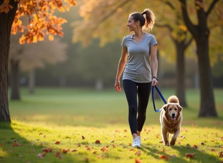 Healthy woman walking her dog for exercise