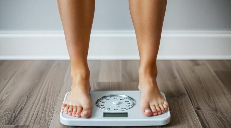 Woman weighing herself