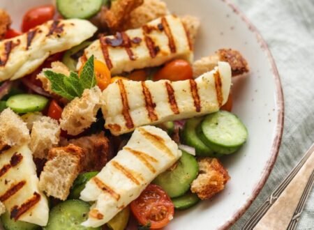 Grilled Halloumi and tomatoes in a bowl