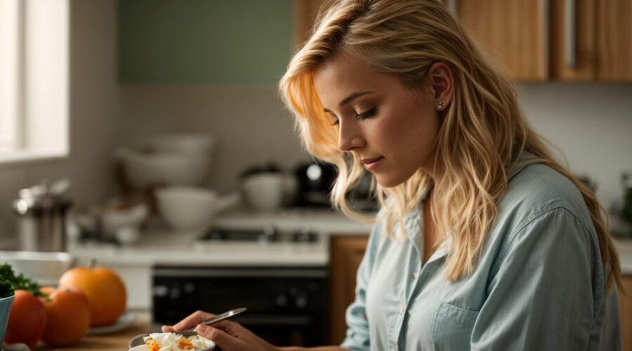 Woman looking at her food from the side