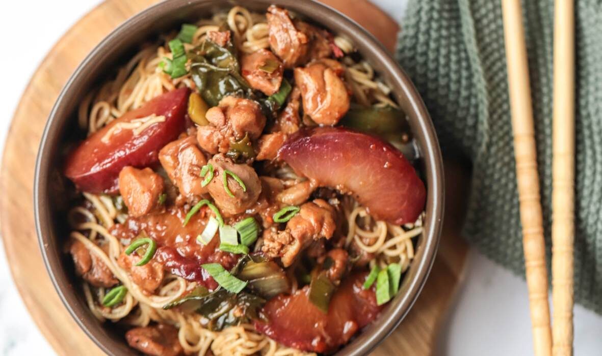 Chicken & Plum Stir Fry with Bok Choy & Noodles