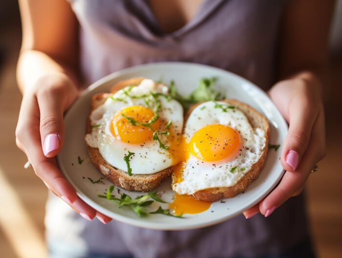 Woman holding a plate of delicious fried eggs