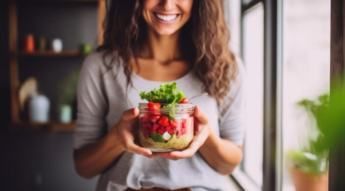 Woman holding a bowl of healthy food