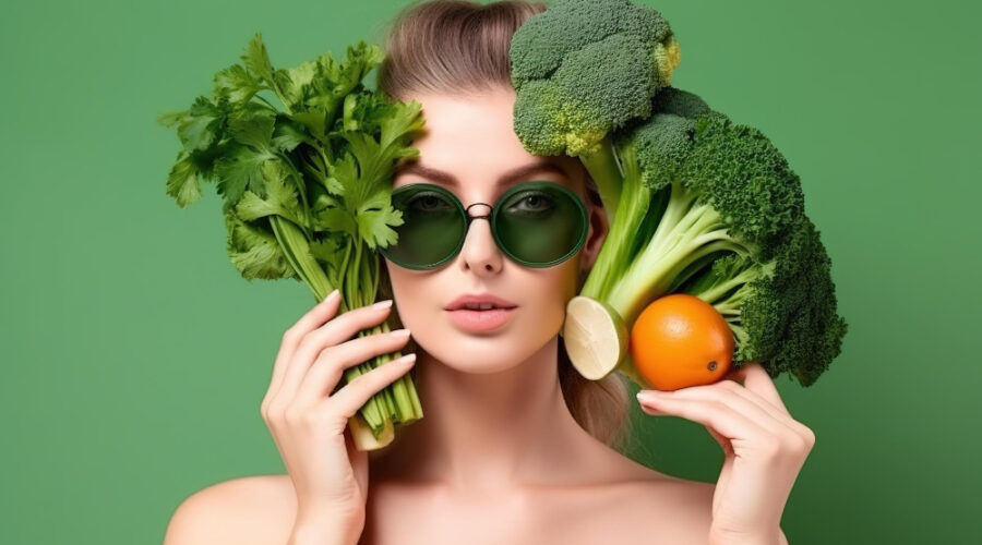 Woman holding broccoli and celery