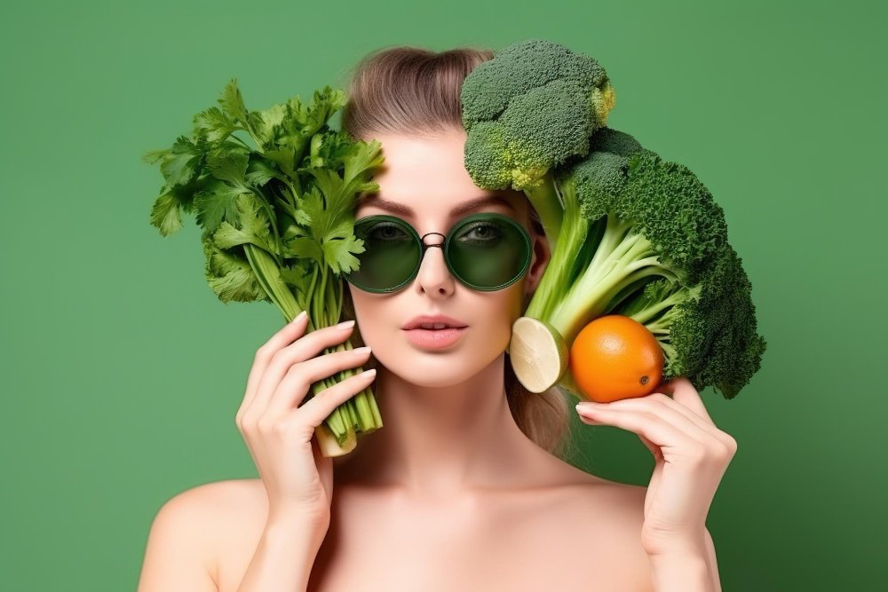 Woman holding broccoli and celery