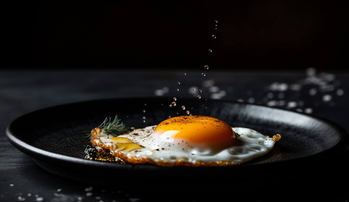 A fried egg sizzling on a pan