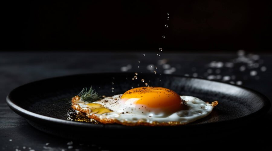 A fried egg sizzling on a pan