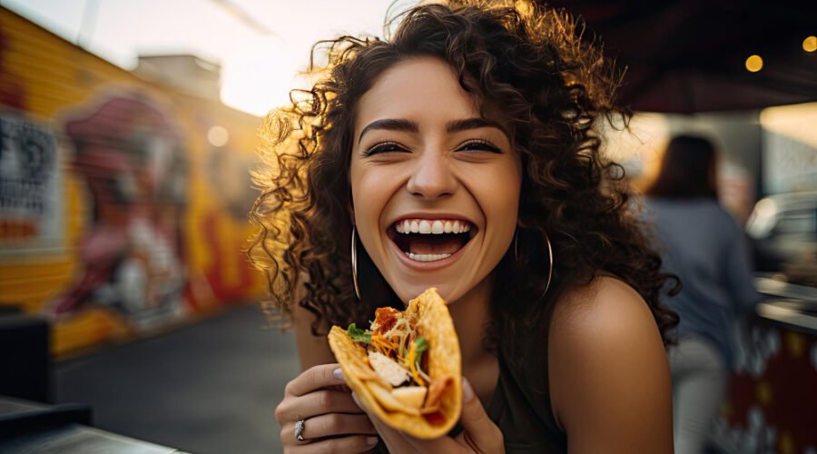 Woman happy eating tacos