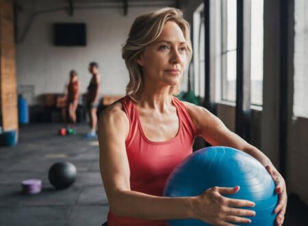 Older woman holding a ball exercising pelvic floor muscles