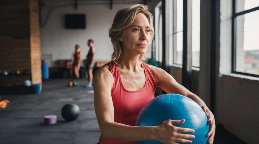 Older woman holding a ball exercising pelvic floor muscles