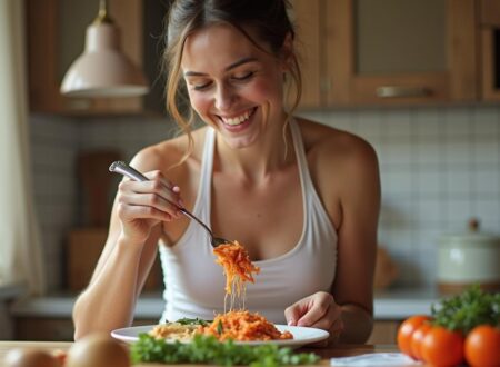 Woman eating pasta