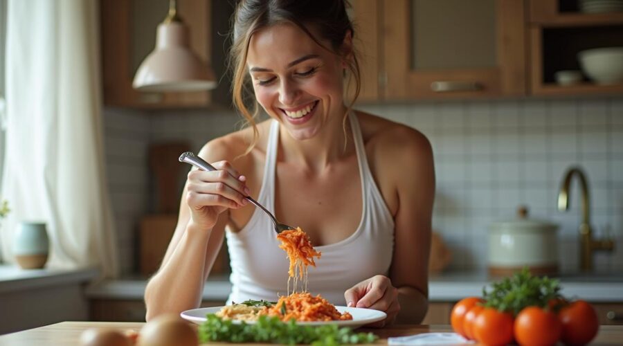 Woman eating pasta
